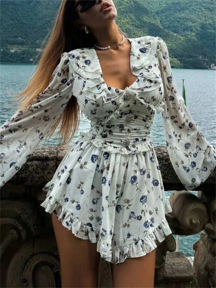 Tavimart - Ruffled V-neck Printed Mini Dress Female Bandage Autumn Lace-up Contrast Drawstring Dress for Party Dress
