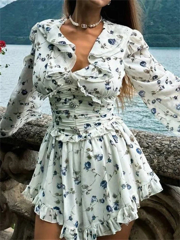 Tavimart - Ruffled V-neck Printed Mini Dress Female Bandage Autumn Lace-up Contrast Drawstring Dress for Party Dress