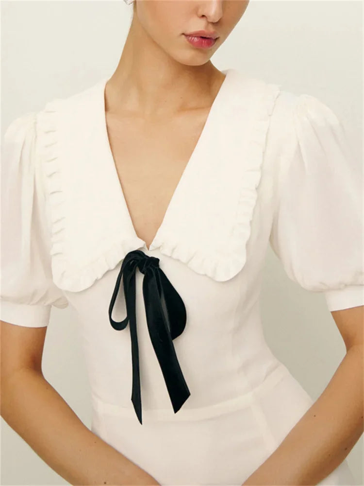 Ruffled White Long Dress ’s V-neck Lace-up Short Sleeve High Waist Patchwork Party Dress Maxi Dress