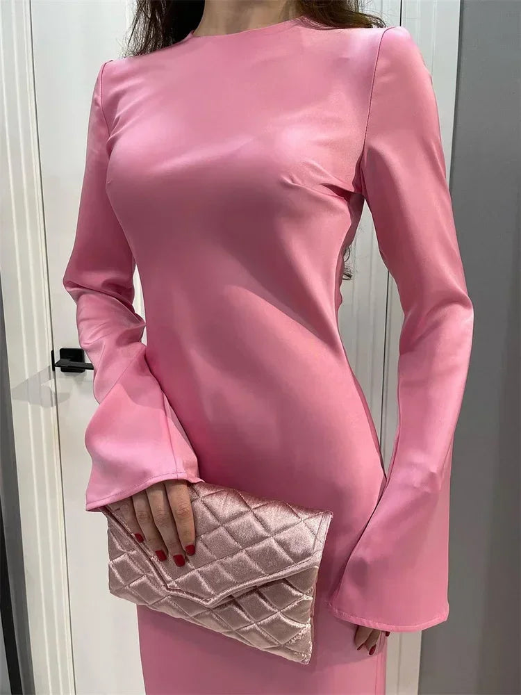 Satin Slim Maxi Dress for Long Sleeve High Waist Party Dress Autumn Dress
