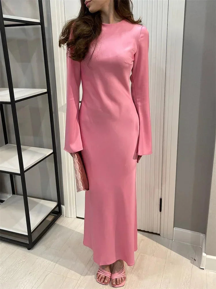 Satin Slim Maxi Dress for Long Sleeve High Waist Party Dress Autumn Dress