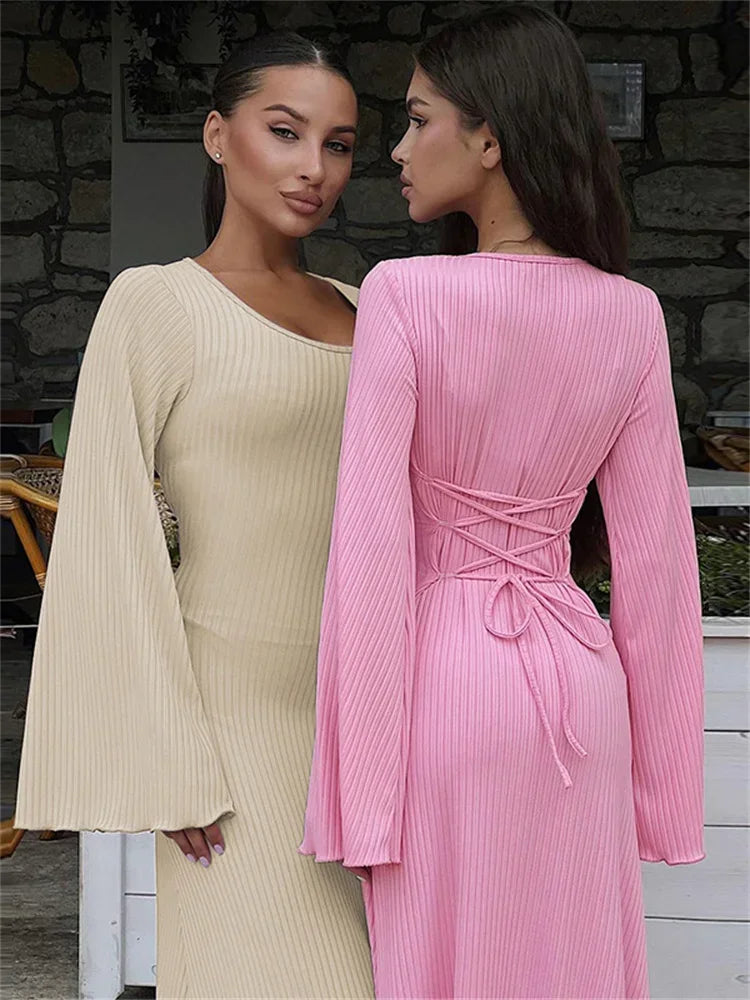 Scoop Neck Lace-up Ribbed Maxi Dress Female Long Sleeve Slim Loose Bandage Dress Autumn Dress New