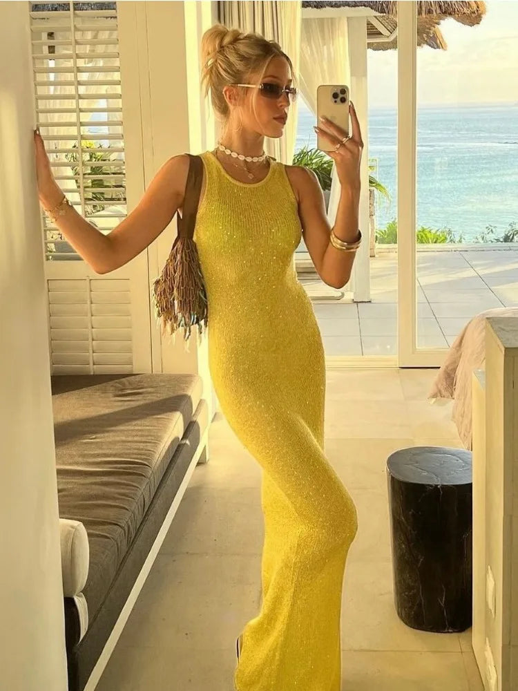 See-through Sleeveless Maxi Dress Female Sequin Slim High Waist Vest Clothes Long Dress