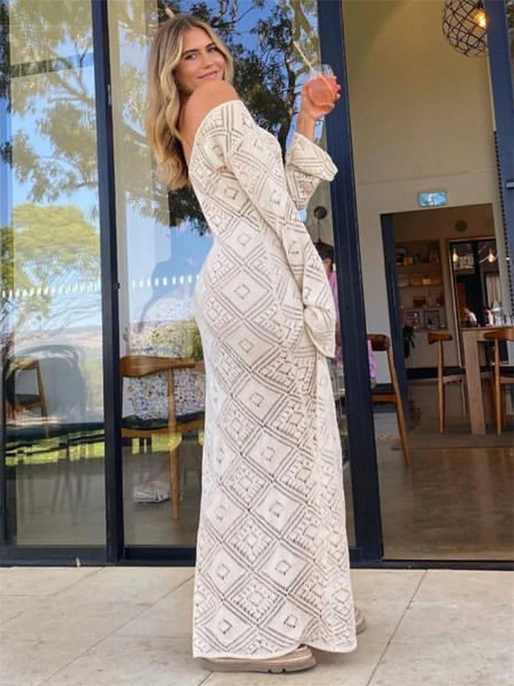 See-through Loose Dress Flared Sleeve for Backless Hollow Out Holiday Beach Outfits V-neck Pullover Maxi Dress