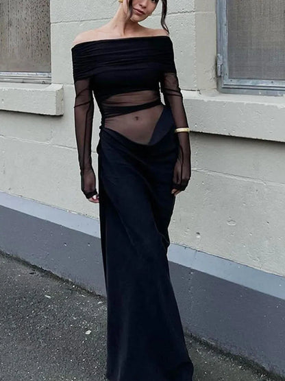 See-through Mesh Patchwork Long Dress ’s One Shoulder Party Dress Color Hollow Long Sleeve Long Dress