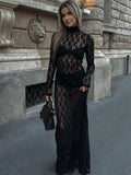 See-through Mesh Tight Maxi Dress Hollow Out Lace Mesh Patchwork Full Sleeve Banquent Long Dress