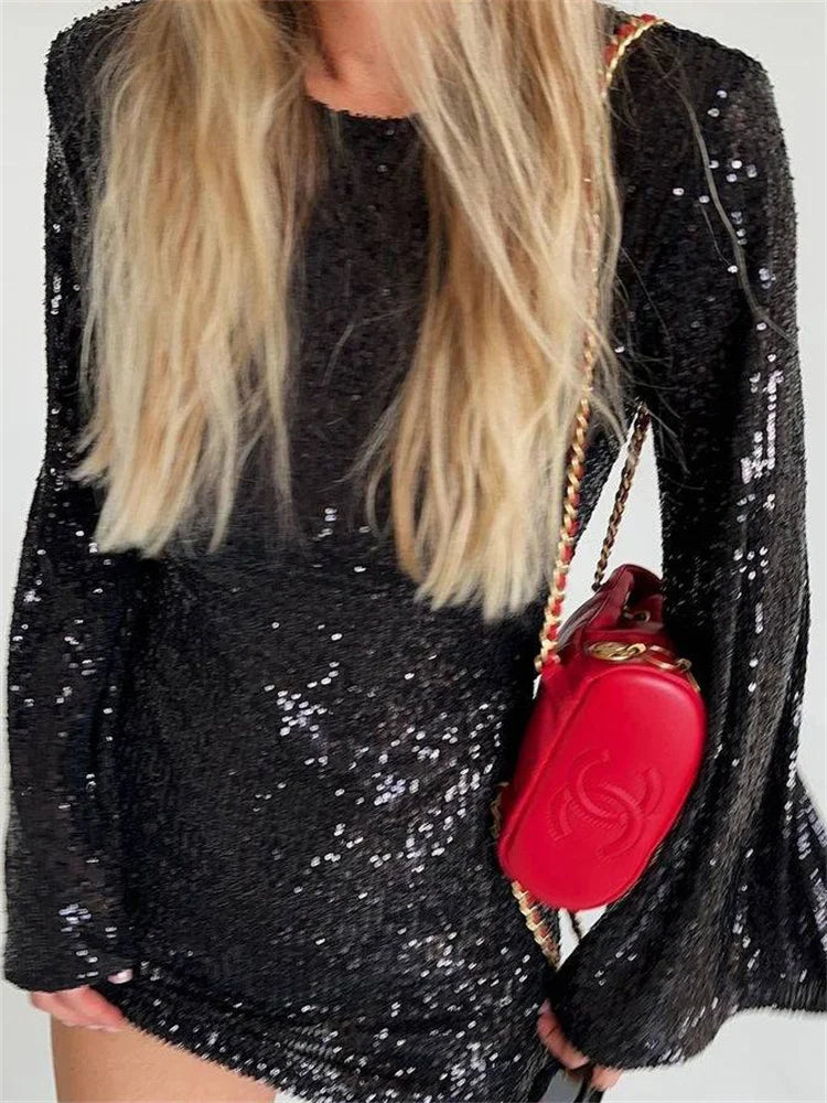 Sequin Autumn Mini Dress Female Glitter See-through Long Sleeve Club Party Dress Sparkle Dress