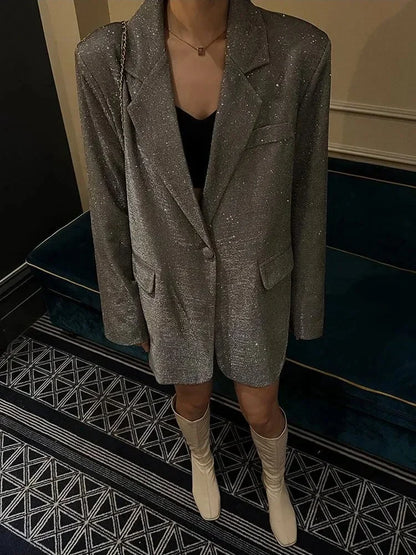 Sequin Glitter Lapel Suit Outwear for – Long Sleeve Coat