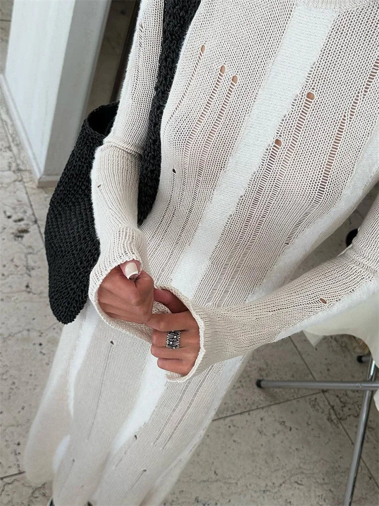 Hollow Out Knit Maxi Dress for Slim Long Sleeve Autumn Party Dress Female Knitwear Dress