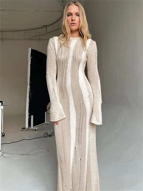 Hollow Out Knit Maxi Dress for Slim Long Sleeve Autumn Party Dress Female Knitwear Dress