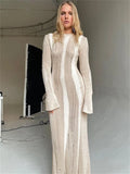 Hollow Out Knit Maxi Dress for Slim Long Sleeve Autumn Party Dress Female Knitwear Dress