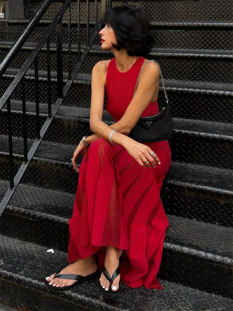Knit Patchwork Maxi Dress Female Sleeveless See-through High Waist Party Dress ’s Knitwear Dress