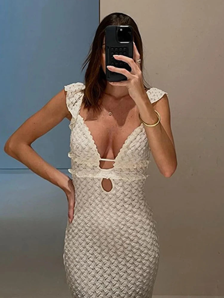 V-neck Knitted Hollow Long Dress for Hip Wrap Sleeveless Evening Party Maxi Knitwear Dress