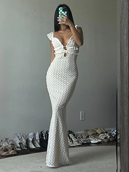 V-neck Knitted Hollow Long Dress for Hip Wrap Sleeveless Evening Party Maxi Knitwear Dress
