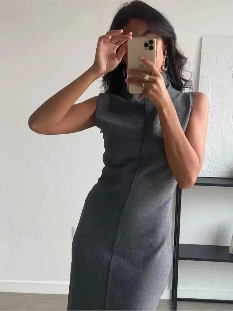 Sleeveless Split Patchwork Long Dress Female Straight Slim High Waist Zipper Maxi Dress Autumn Turtleneck Dress