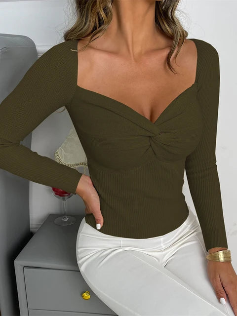 ’s Twist Knot Front V Neck Crop Sweater Knitwear Autumn Long Sleeve Knitted Pullover Tops