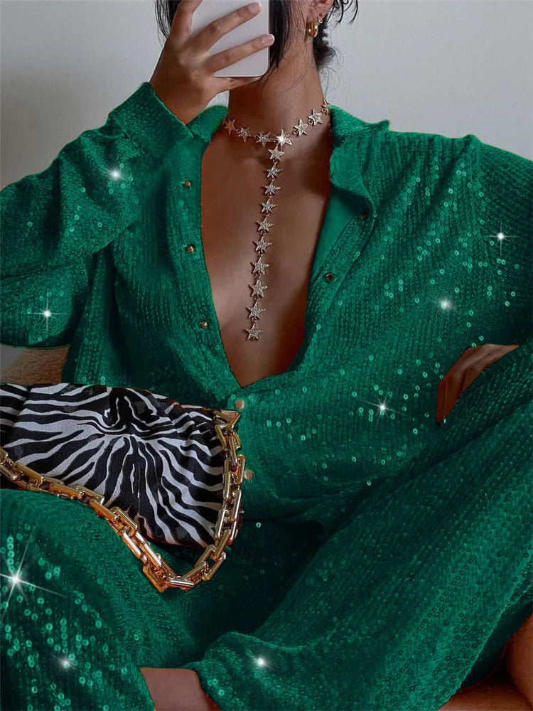 Sparkly Two-piece Set Party Outfits for Sequin Top Blouse Shirt and Pants Suit Female Evening Tracksuit New
