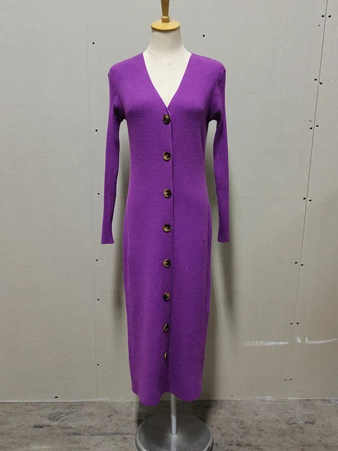 Spring New Knitted Sweater Dress V Neck Long Sleeve Bodycon Midi Dress Cardigan Knitwear White Dresses