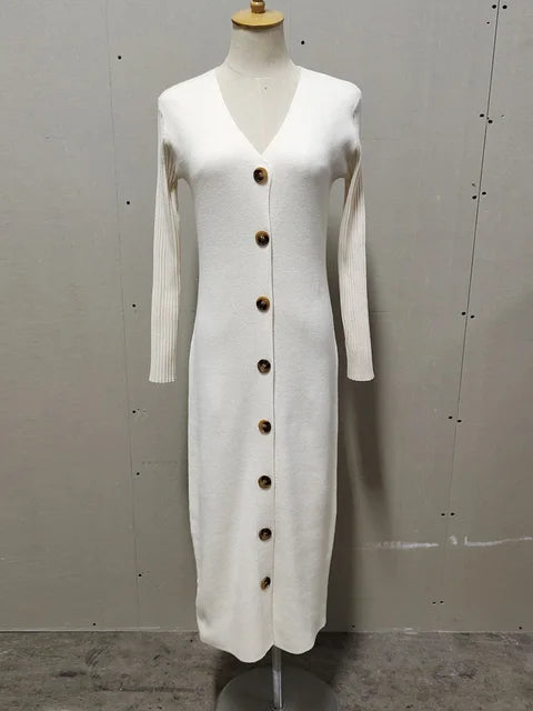 Spring New Knitted Sweater Dress V Neck Long Sleeve Bodycon Midi Dress Cardigan Knitwear White Dresses