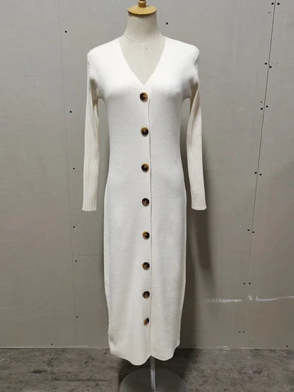 Spring New Knitted Sweater Dress V Neck Long Sleeve Bodycon Midi Dress Cardigan Knitwear White Dresses