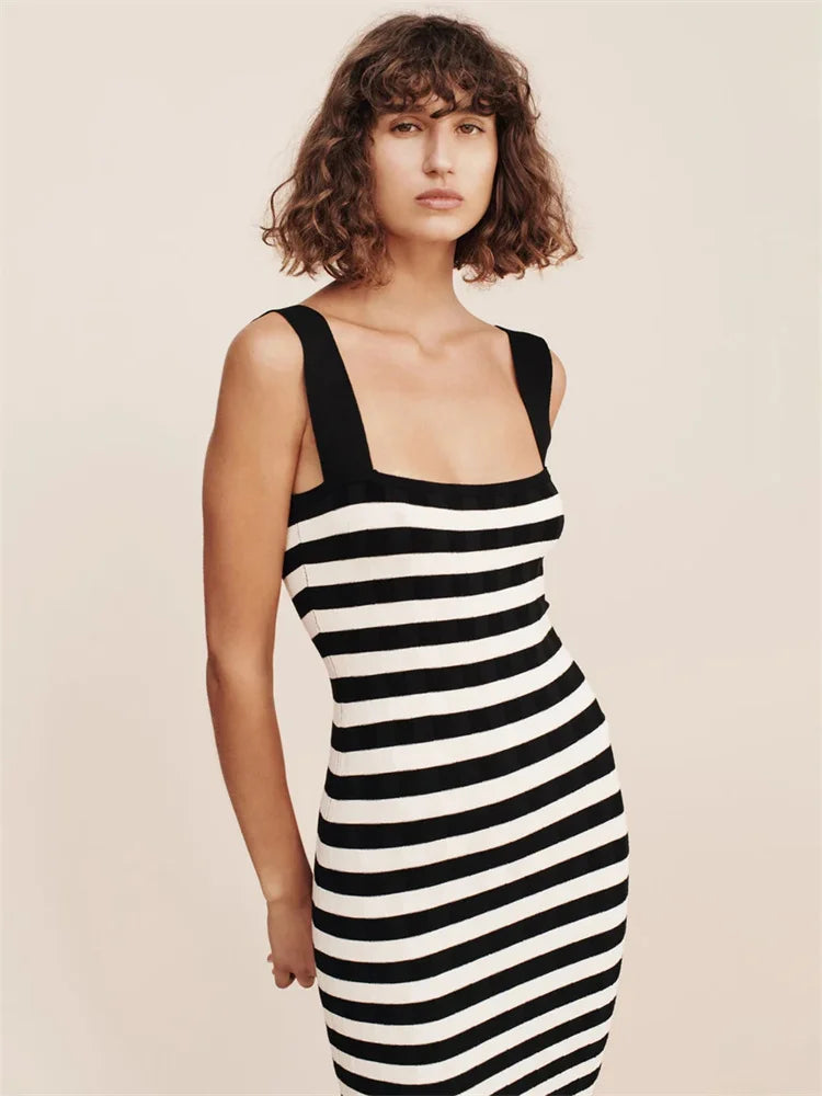 Striped High Waist Backless Maxi Dress Contrast Split Slim Off-shoulder Autumn Party Dress