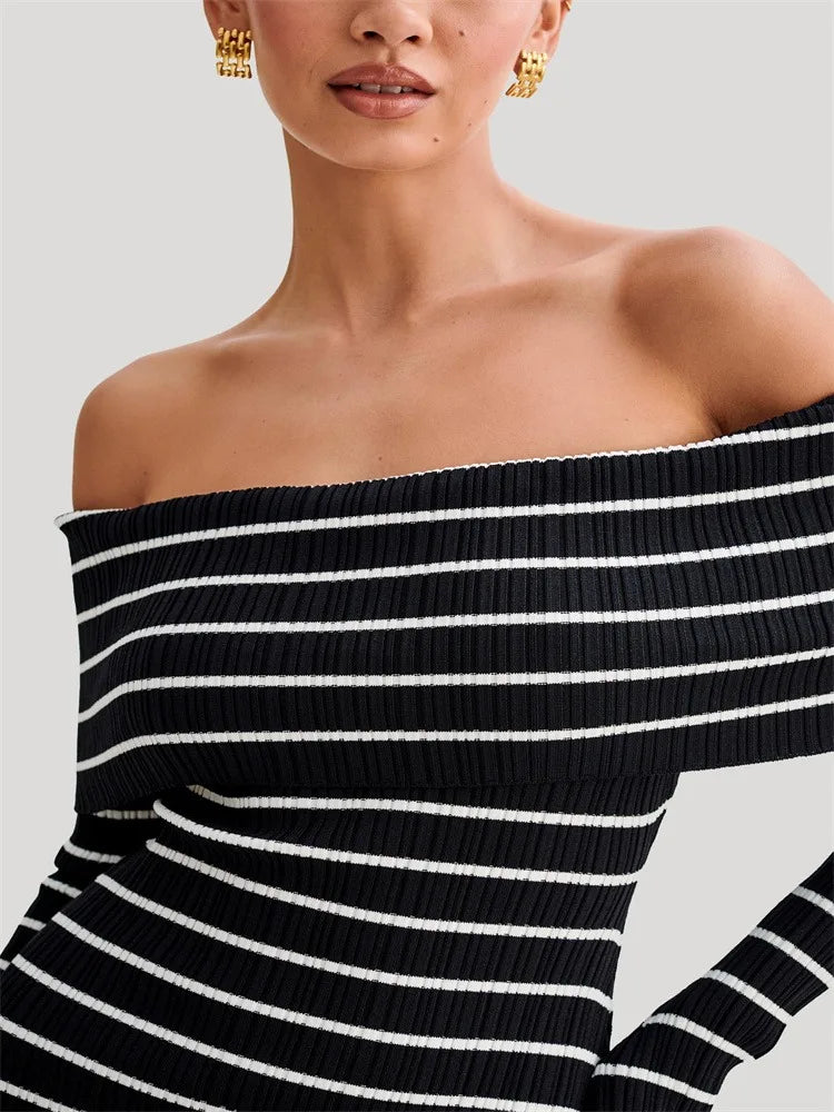 Striped Knit Sweater Mini Dress for Bandeau Backless Summer Contrast Party Dress Knitwear Mini Dress