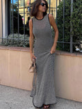 Striped Sleeveless Slim Maxi Dress Female Hollow Out Patchwork Holiday Beach Dress ’s High Waist Dress
