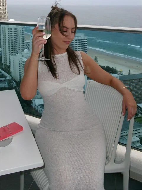 Summer Beach Knit Maxi Dress for Cover-up Pink Sleeveless Twist Sundress Knitwear See-through Maxi Bodycon Dress New