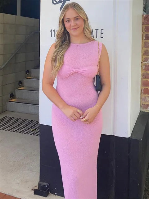 Summer Beach Knit Maxi Dress for Cover-up Pink Sleeveless Twist Sundress Knitwear See-through Maxi Bodycon Dress New