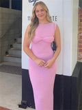 Summer Beach Knit Maxi Dress for Cover-up Pink Sleeveless Twist Sundress Knitwear See-through Maxi Bodycon Dress New