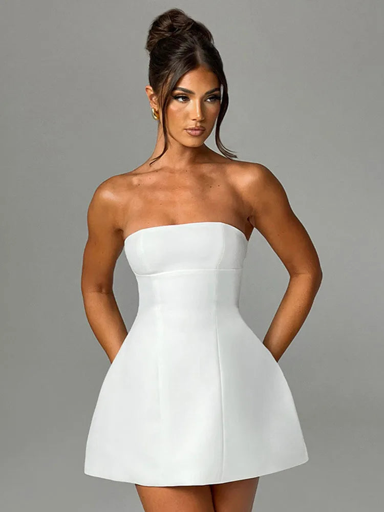 Summer White Mini Dress Female High Waist Patchwork Bandeau Backless Slim Party Dress Gown Dress New