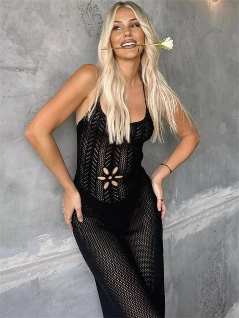 Summer Knit Bandage Maxi Dress Female Hollow Out See-through Printed High Waist Backless Beach Holiday Long Dress