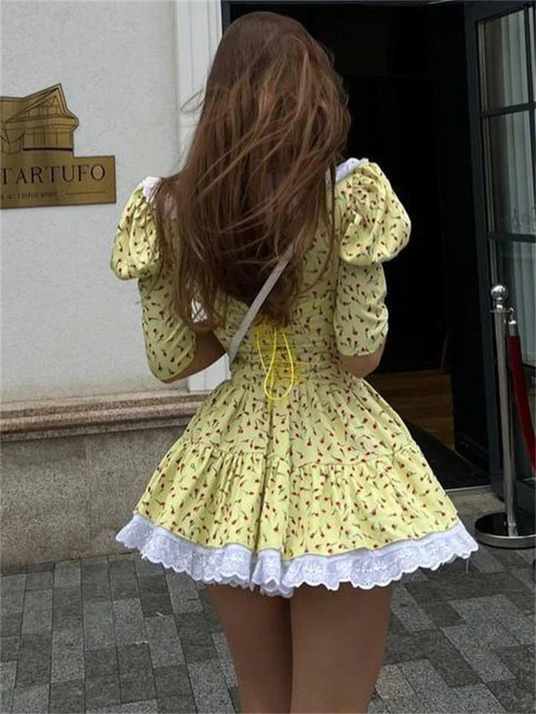 Summer Printed Patchwork Mini Dress Female V-neck Short Sleeve Slim Party Dress Gown for Dress