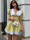 Summer Printed Patchwork Mini Dress Female V-neck Short Sleeve Slim Party Dress Gown for Dress