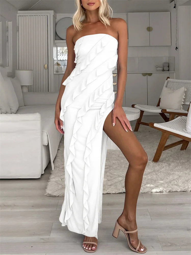 Summer Ruffled Patchwork Maxi Dress Female Backless Side Split High Waist Slim Party Dress Gown Long Dress