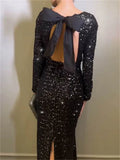 Tee Bow Sequin Slim Maxi Dress for Backless Split Glitter Club Party Dress Long Sleeve Dress