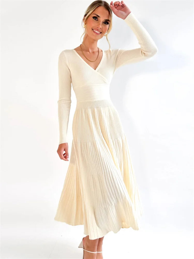 V-neck Backless Knit Maxi Dress for Slim Party Dress High Waist Ribbed Patchwork Long Dress