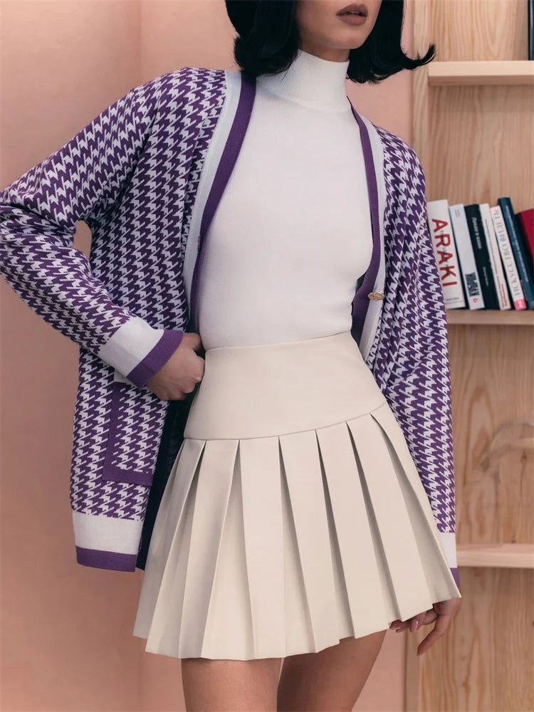 V-neck Knit Pocket Cardigan Sweater for Long Sleeve Loose High Street Autumn Patchwork Knitwear Coat