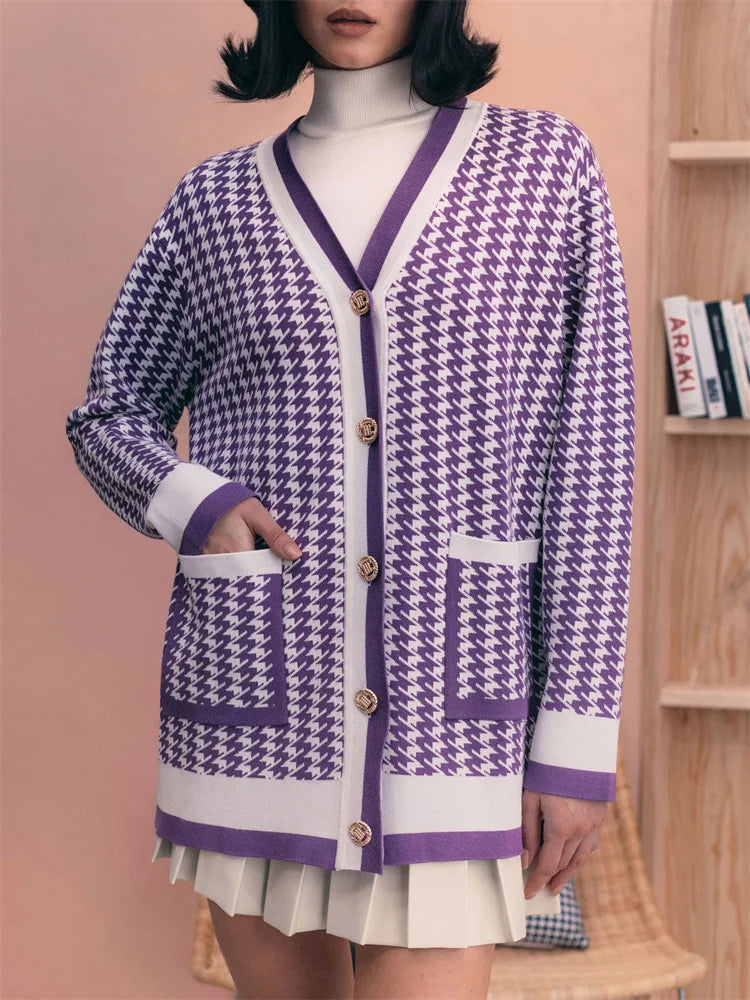 V-neck Knit Pocket Cardigan Sweater for Long Sleeve Loose High Street Autumn Patchwork Knitwear Coat