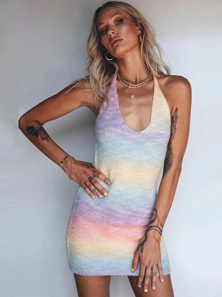 V-neck Knitted Dress Tie-dye Holiday Party Backless Beach Cover-up Dress Bodycon Slim Sleeveless Summer Mini Sweater Dress
