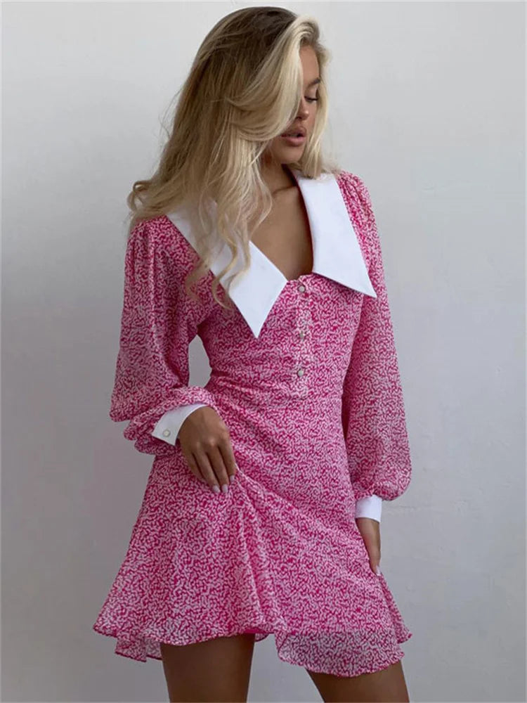 V-neck Printed Mini Dress for Slim High Waist Long Sleeve Party Dress Backless ’s Dress Summer