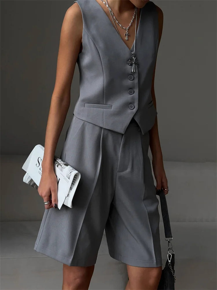 V-neck Sleeveless Female 2 Piece-set Slim Straight Trousers Pocket High Street Outfits Shorts Sets