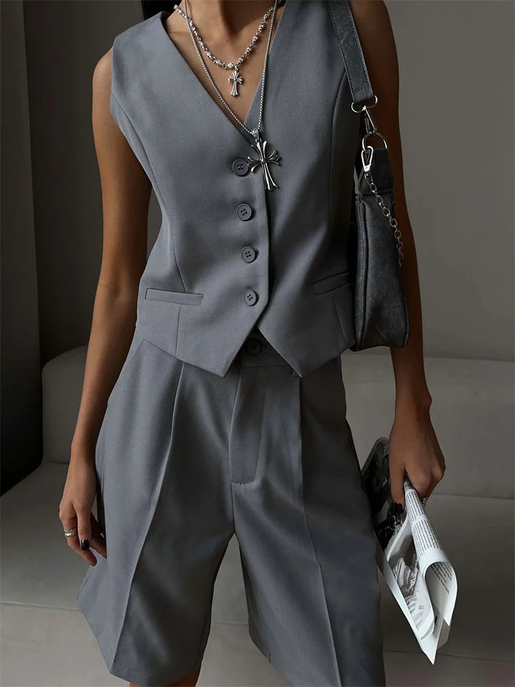 V-neck Sleeveless Female 2 Piece-set Slim Straight Trousers Pocket High Street Outfits Shorts Sets
