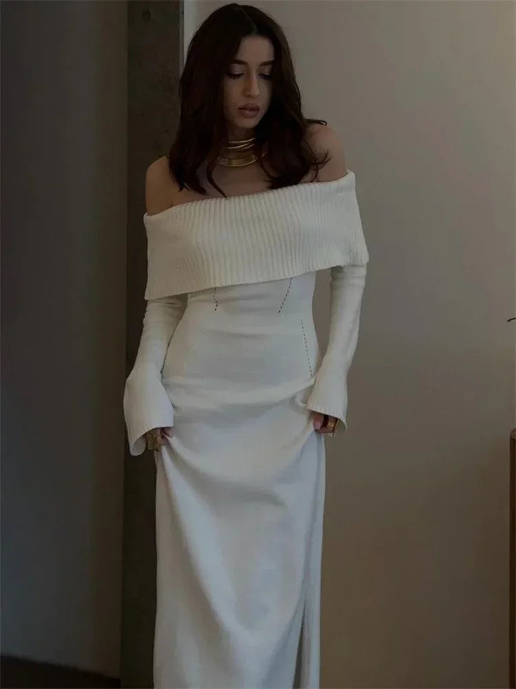 White Autumn Knit Sweater Long Dress Ribbed High Waist Off-shoulder Loose Party Dress Female Knitwear Dress