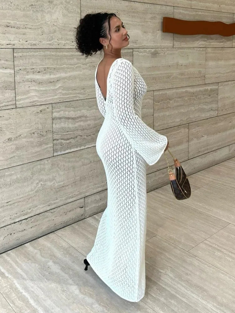 White Knit Cover Up Maxi Dress – Female See-through V-neck Hollow Out Beach Holiday Dress