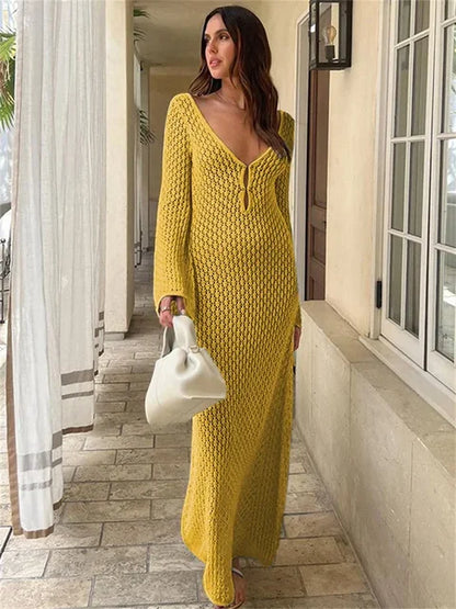 White Knit Cover Up Maxi Dress – Female See-through V-neck Hollow Out Beach Holiday Dress