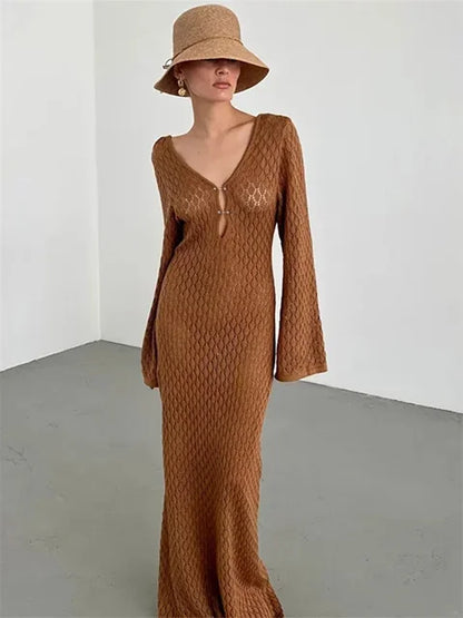 White Knit Cover Up Maxi Dress – Female See-through V-neck Hollow Out Beach Holiday Dress