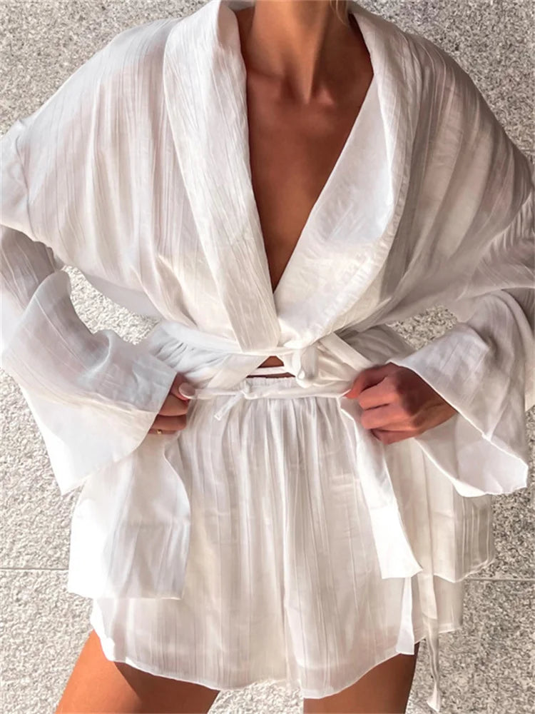 White Lace-up 2 Piece-set Shorts for Loose Bandage Cardigan Coat and High Waist Shorts Sets Female Outfits