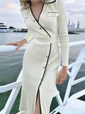 White Patchwork Knit Maxi Dress for Slim Lace-up High Waist Split Party Dress Lapel Knitwear Dress