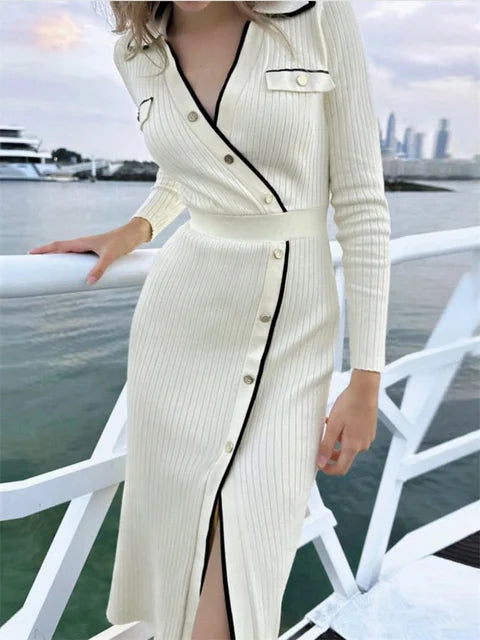 White Patchwork Knit Maxi Dress for Slim Lace-up High Waist Split Party Dress Lapel Knitwear Dress